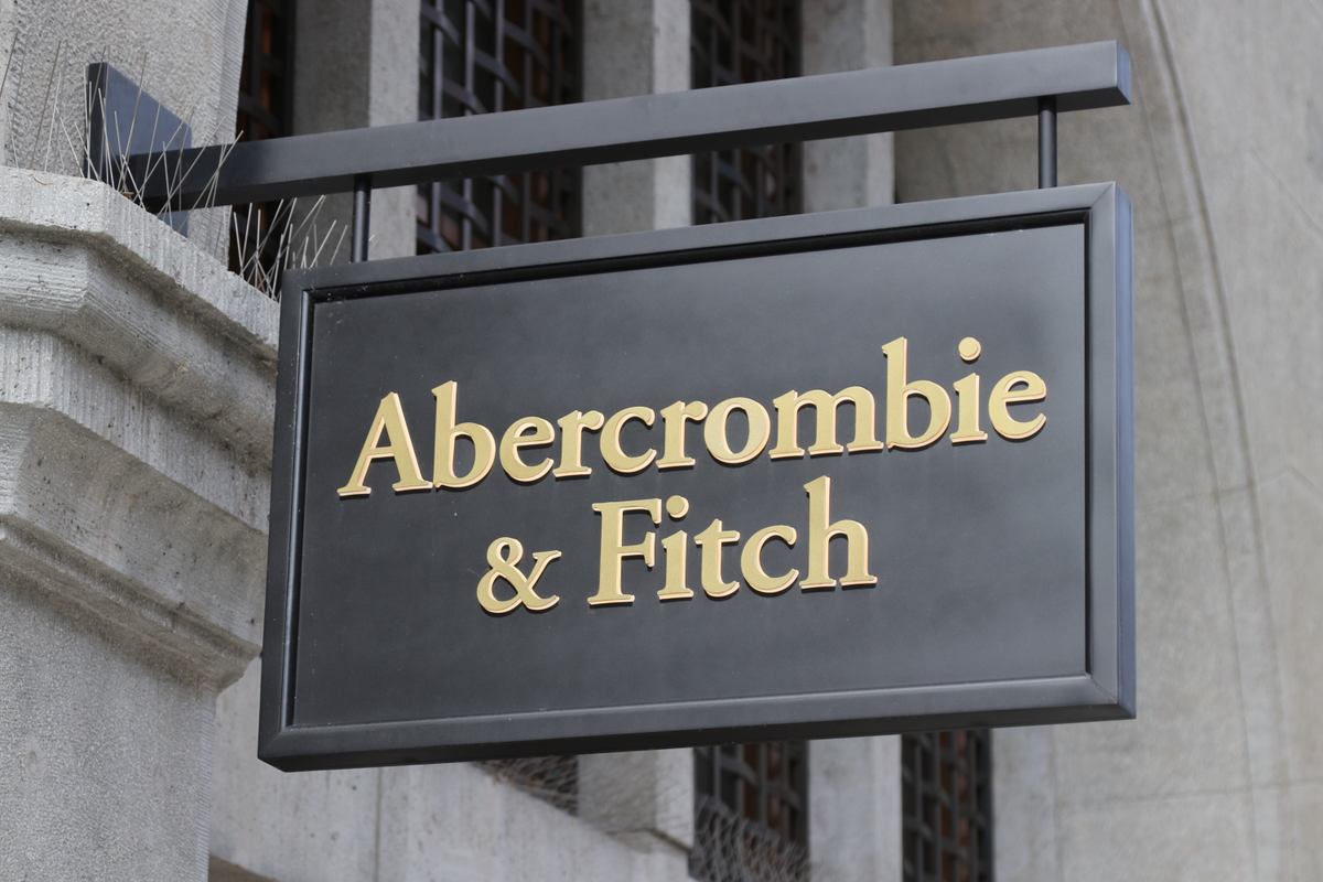 Abercrombie & Fitch storefront with Garamond lettering on the facade, featuring the brand's classic serif wordmark
