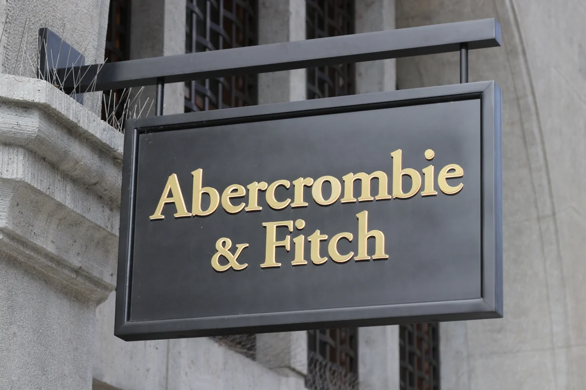 Abercrombie & Fitch storefront with Garamond lettering on the facade, featuring the brand's classic serif wordmark