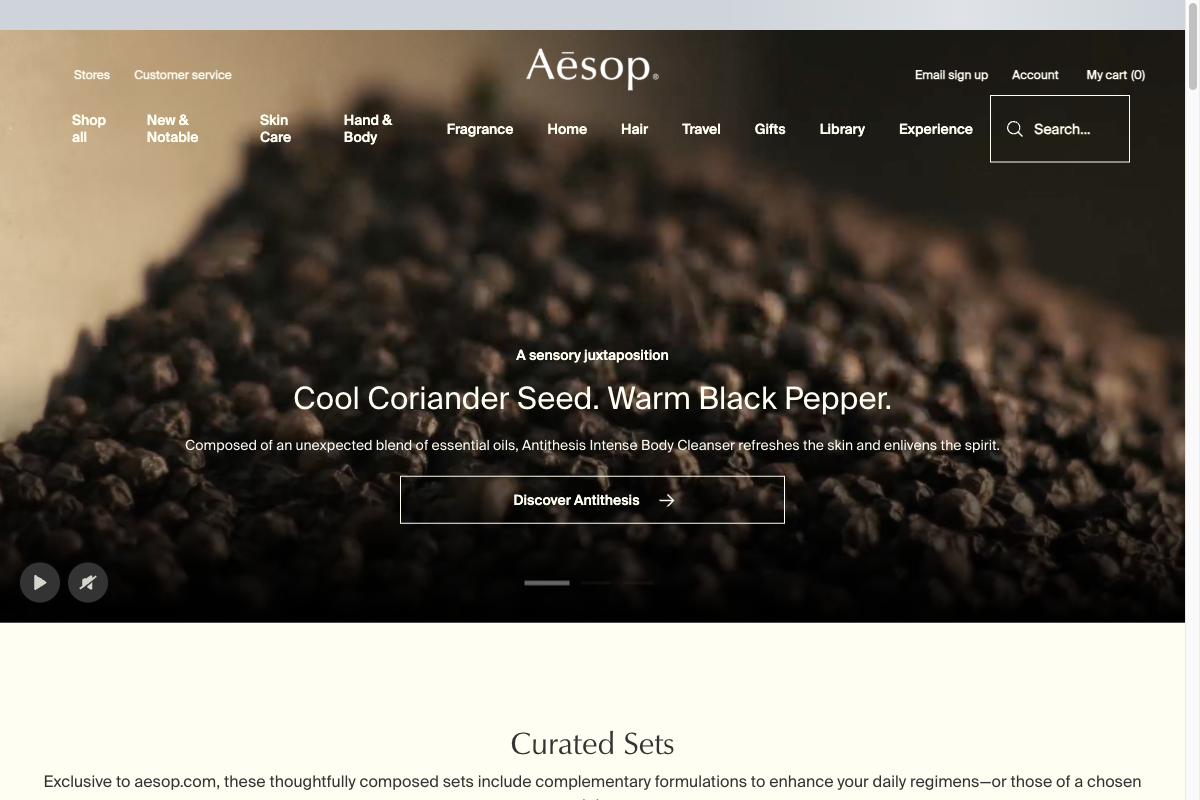 Aesop homepage with navigation and headline set in Suisse Int'l alongside the serif wordmark
