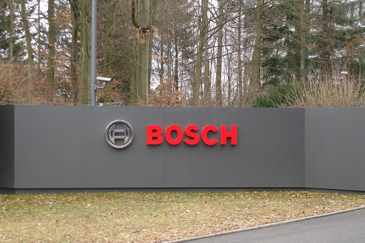 Bosch corporate communications and product labeling set in DIN typeface, showing the clean industrial letterforms