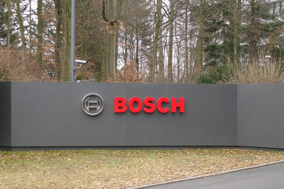 Bosch corporate communications and product labeling set in DIN typeface, showing the clean industrial letterforms