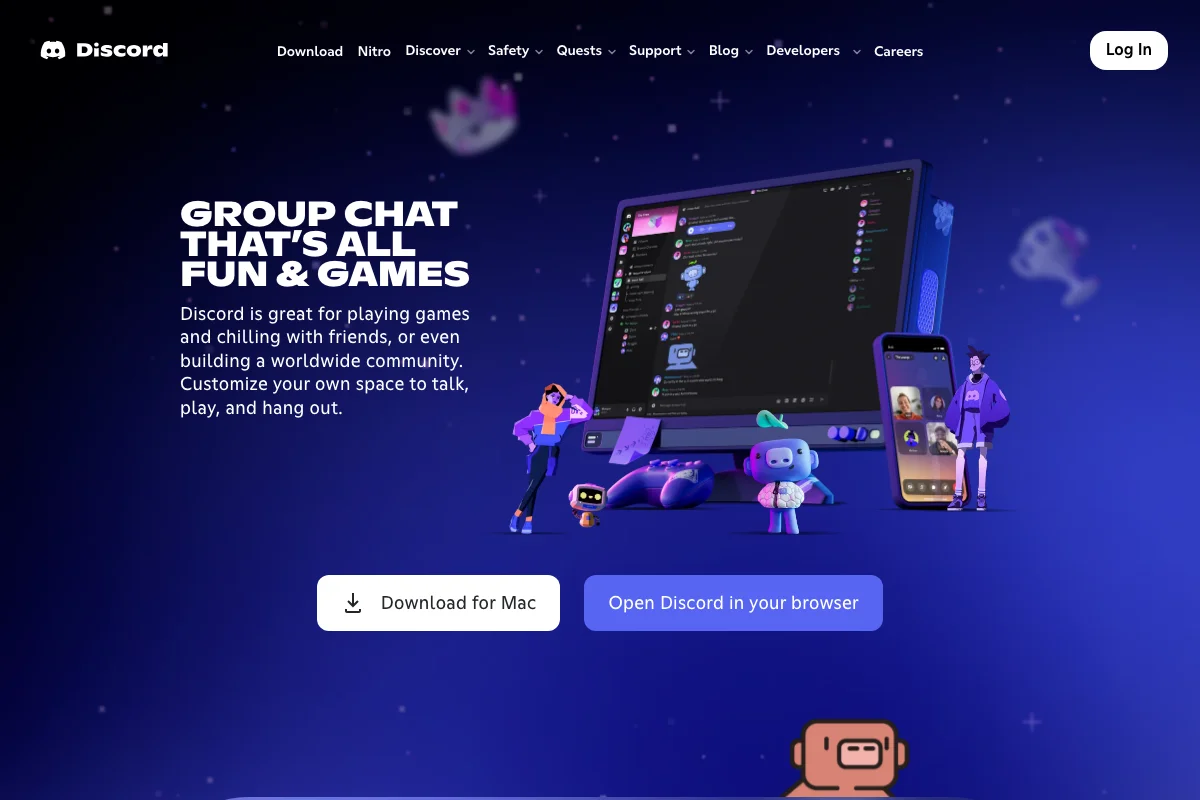 Discord homepage with the headline 'Group chat that's all fun & games' set in ABC Ginto Nord