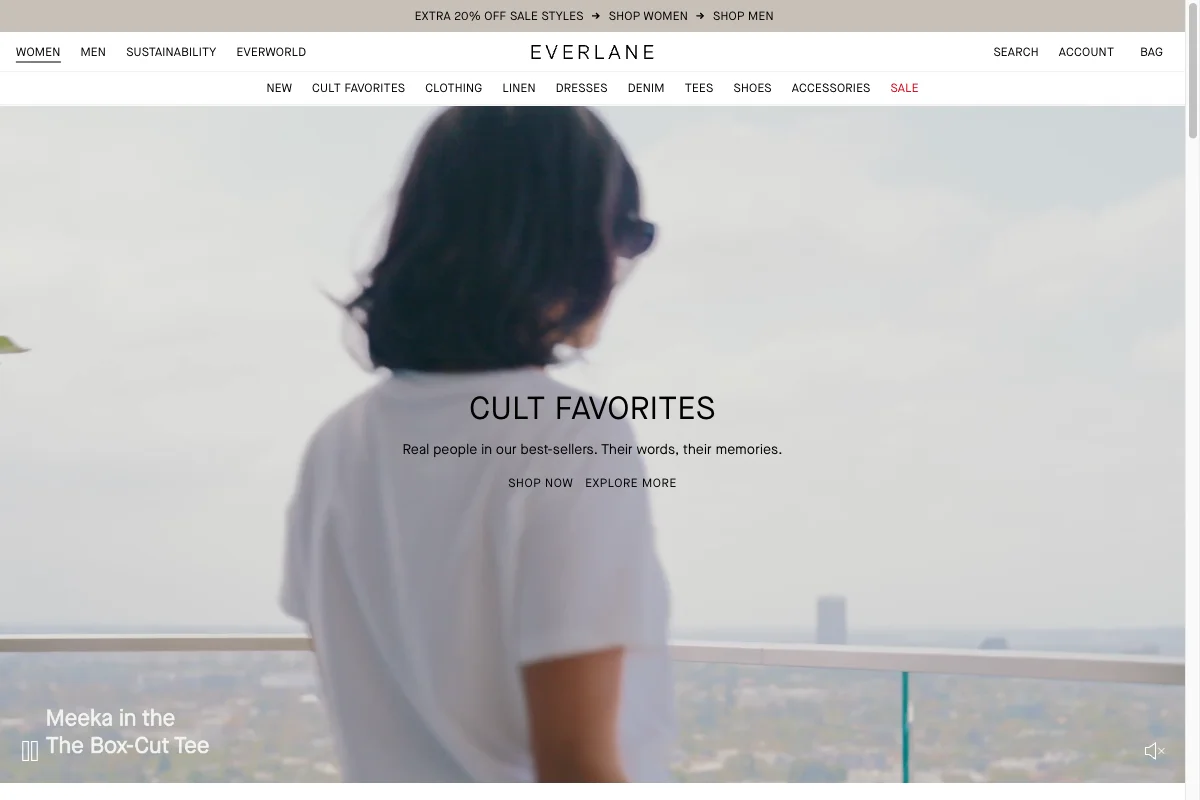 Everlane homepage with the wordmark, navigation and CULT FAVORITES headline set in Maison Neue
