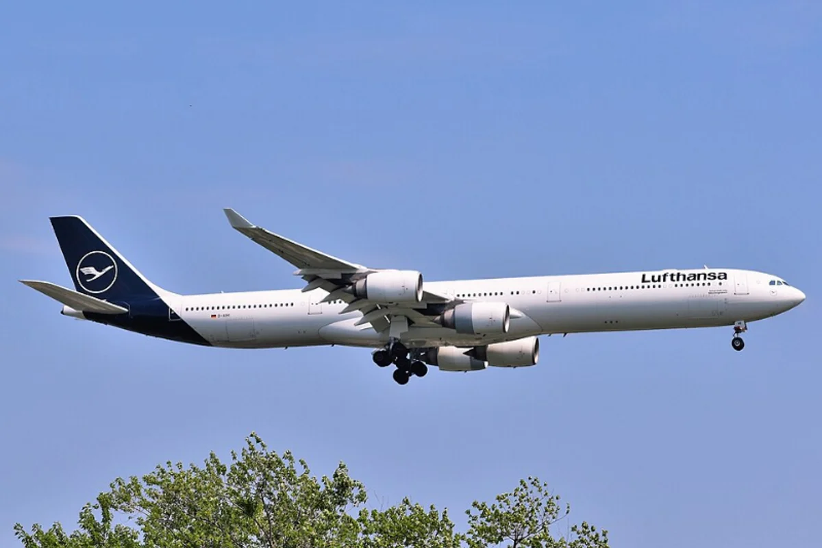 Lufthansa aircraft livery showing the Helvetica-era blue and yellow identity with crane logo