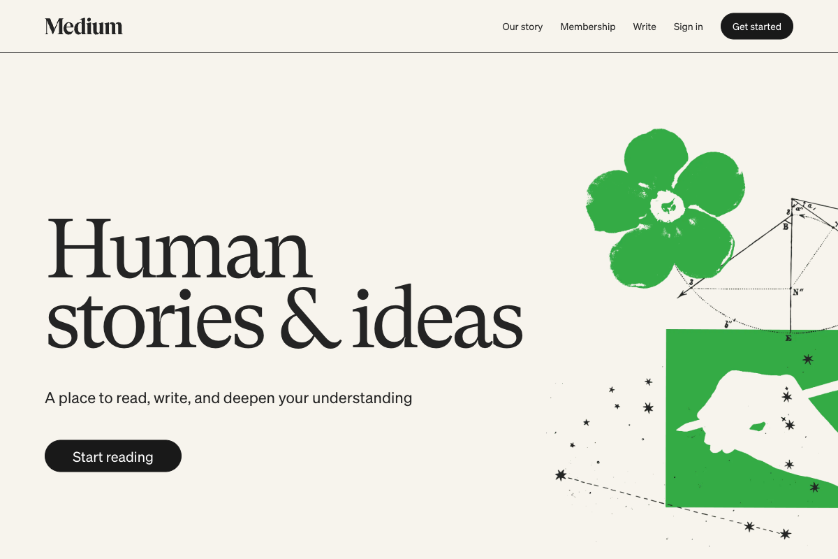 Medium homepage with the wordmark and the headline 'Human stories & ideas' set in GT Super