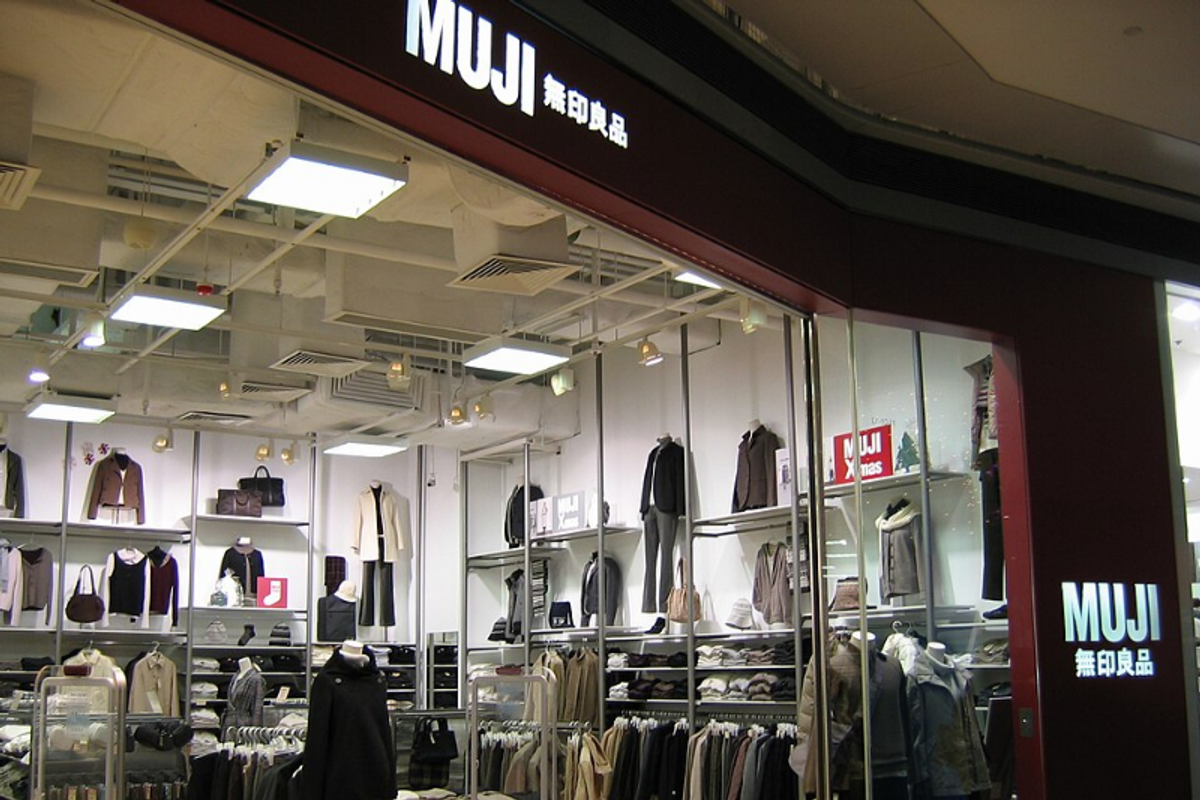Muji store interior showing minimal signage with Helvetica Neue typography