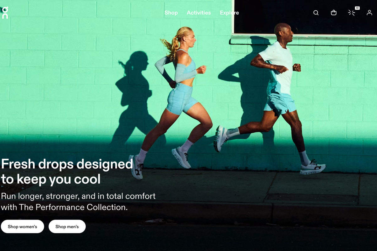 On homepage showing the On wordmark, navigation and headline set in On Diatype, a bespoke customisation of ABC Diatype