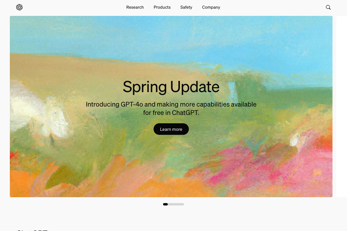 OpenAI homepage from June 2024 announcing GPT-4o, with navigation and headline set in Söhne