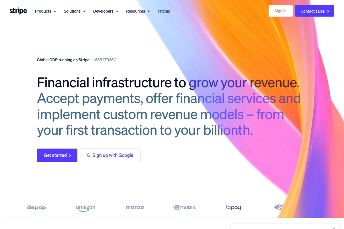 Stripe homepage with the wordmark, navigation and gradient headline set in Söhne