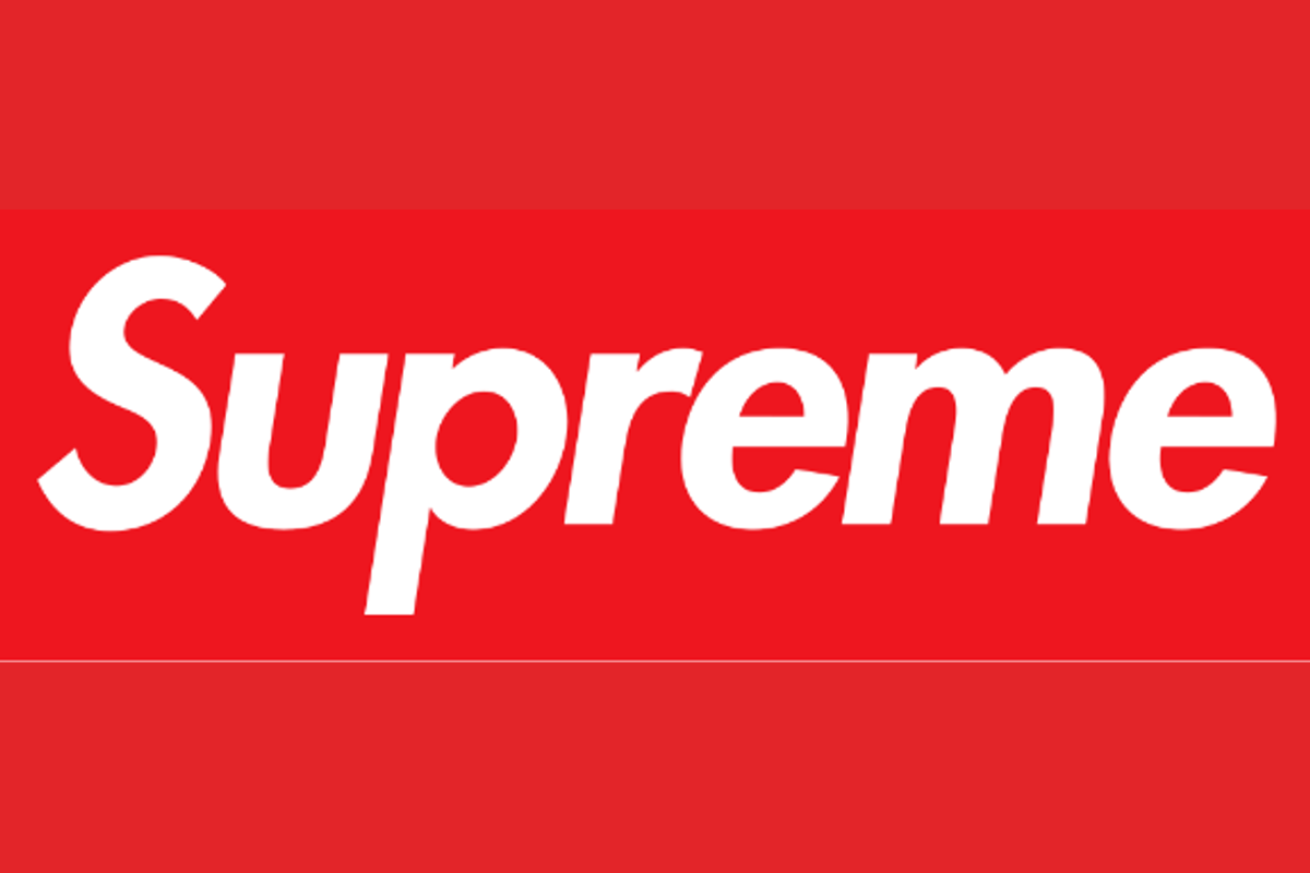 Supreme box logo in Futura Heavy Oblique, white italic text on red rectangle