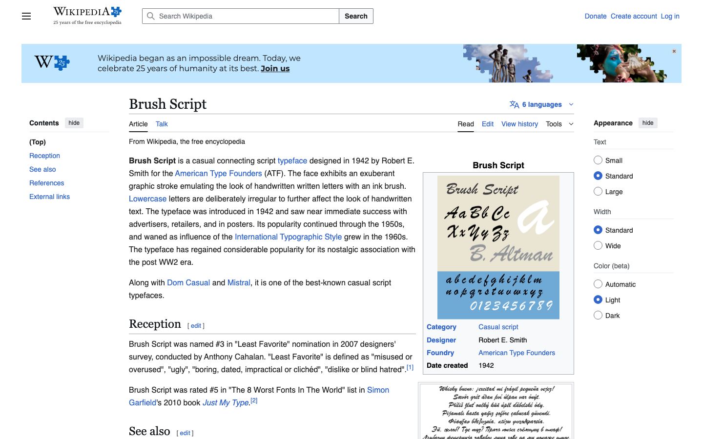 Brush Script font specimen