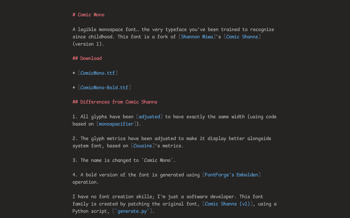 Comic Mono font specimen
