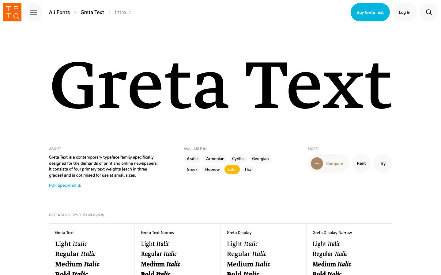 Greta Text font specimen
