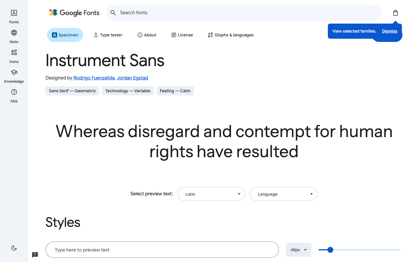 Instrument Sans font specimen