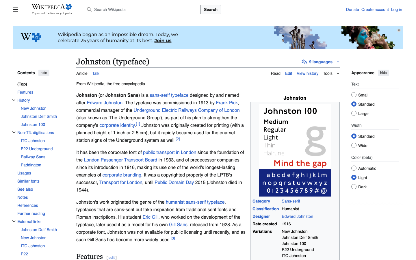 Johnston font specimen