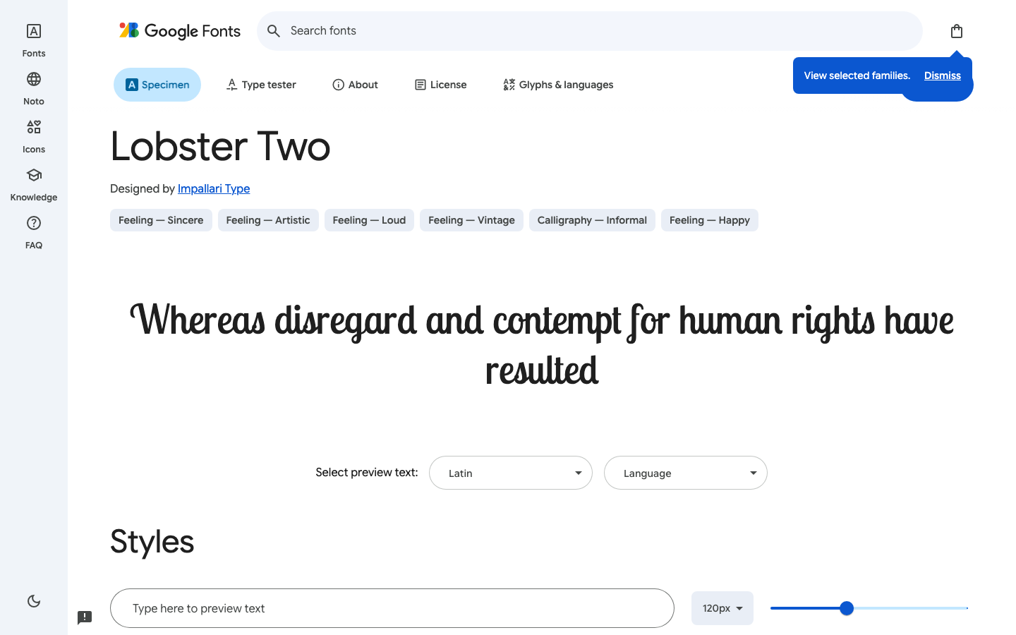 Lobster Two font specimen