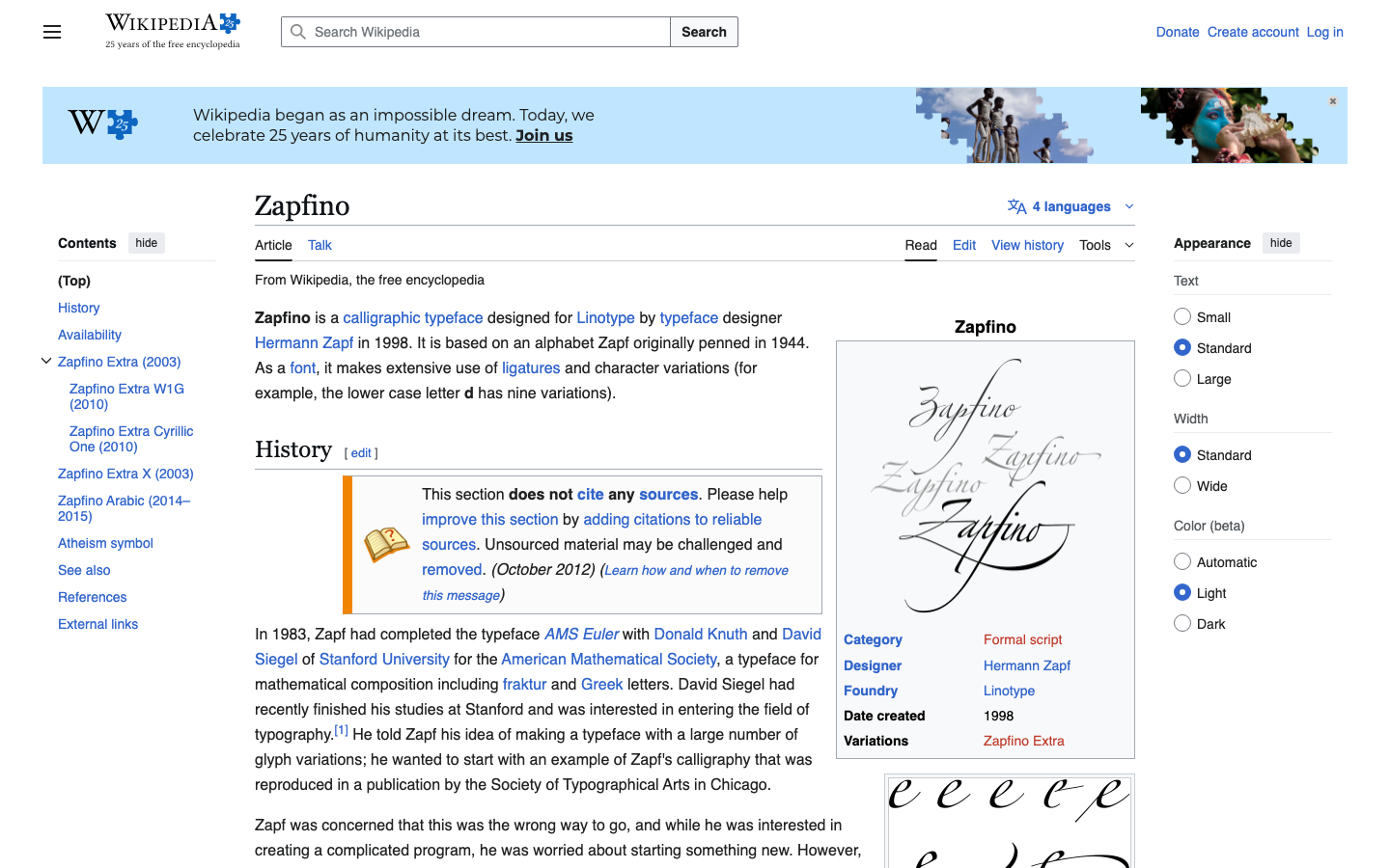 Zapfino font specimen